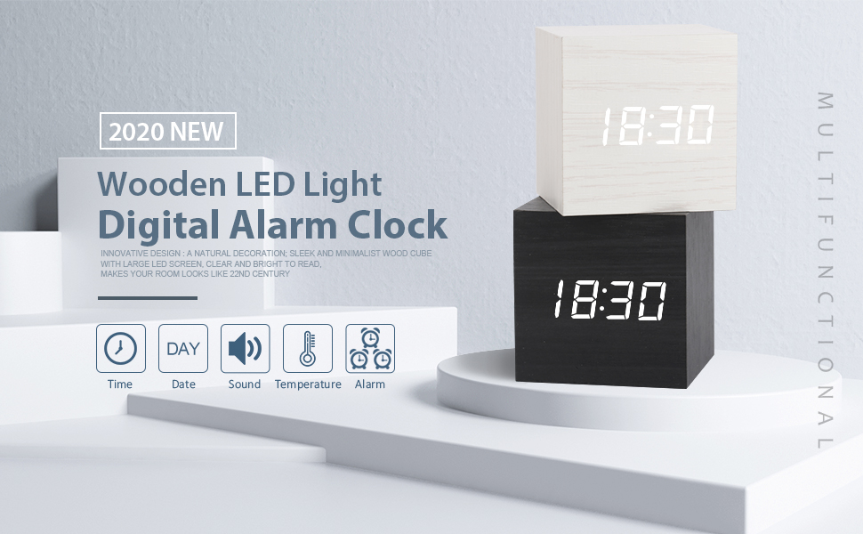 WulaWindy Digital Alarm Clock Wooden LED Light