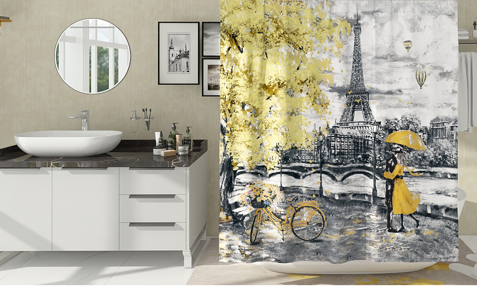 DESIHOM Yellow/Gray Paris Shower Curtain Eiffel Tower
