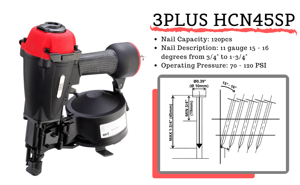 3PLUS Roofing Nailer - Pneumatic Coil Nail Gun -13 3PLUS Roofing Nailer - Pneumatic Coil Nail Gun -13