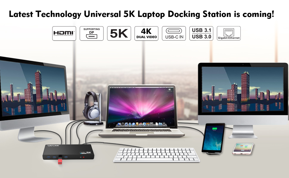 WAVLINK DisplayLink Universal Laptop Docking Station with Single 5K/ Dual 4K Video Outputs
