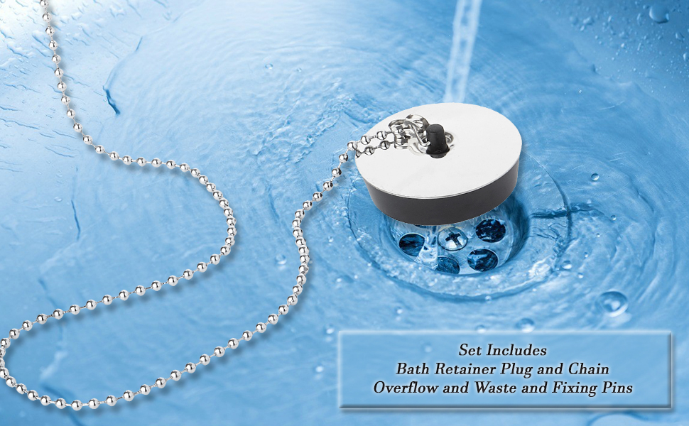 Stainless Steel Retainer Bath Plug Waste and Overflow 45cm Ball Chain