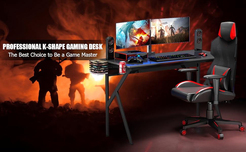 COSTWAY Gaming Computer Desk With Monitor Shelf, Audio Stand, Cup Holder And Headphone Hook, K-Shaped Adjustable Ergonomic PC Racing Table Study Workstation For Home Office 11 d