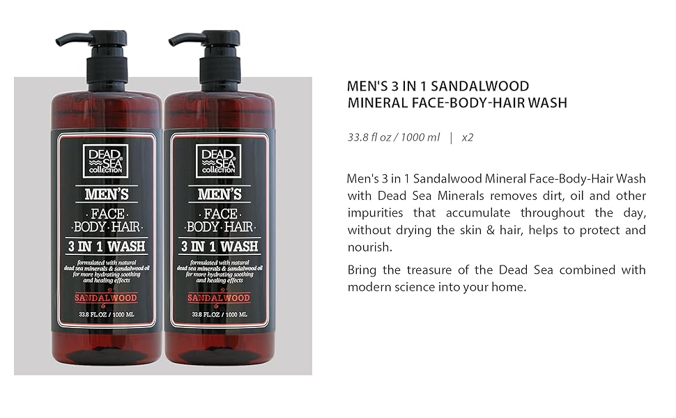 Dead Sea Collection Men's Mineral Face, Hair & Body Wash with Sandal-wood Extract