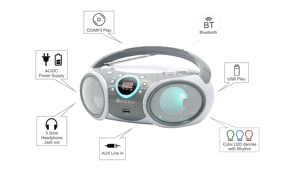 Full function portable CD boombox with bluetooth and LED