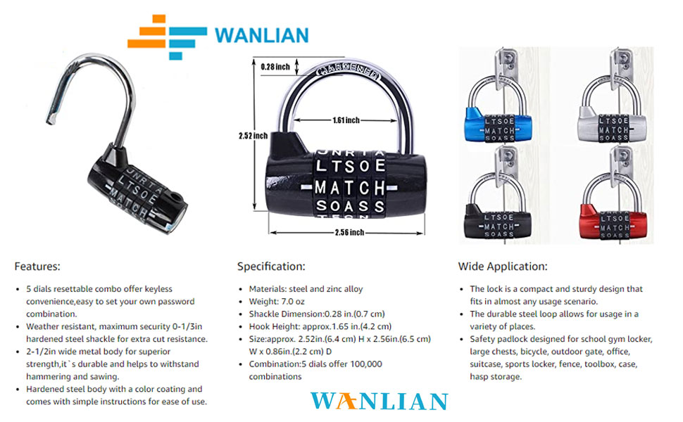 padlock,5 dial padlock,5 letter lock,5 code padlock