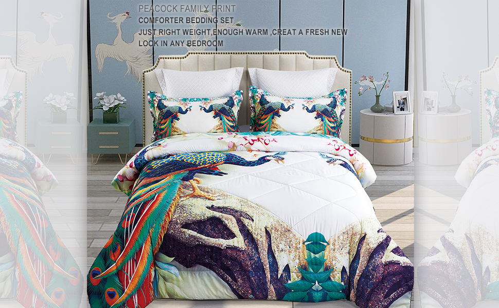 ENCOFT 3D Elegant Peacock Blue Comforter Bedding Sets