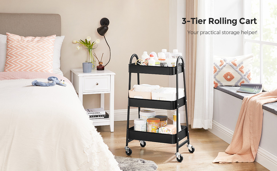 SONGMICS 3 Tier Rolling Cart Metal Serving Trolley Kitchen Trolley