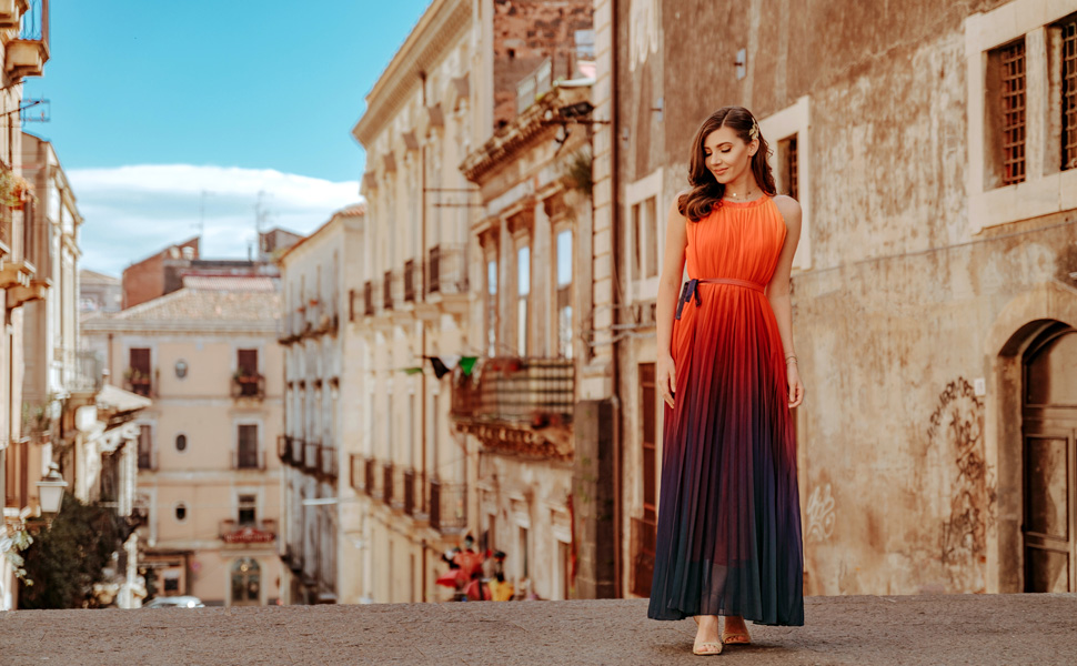 sunset gradient pleated maxi dress