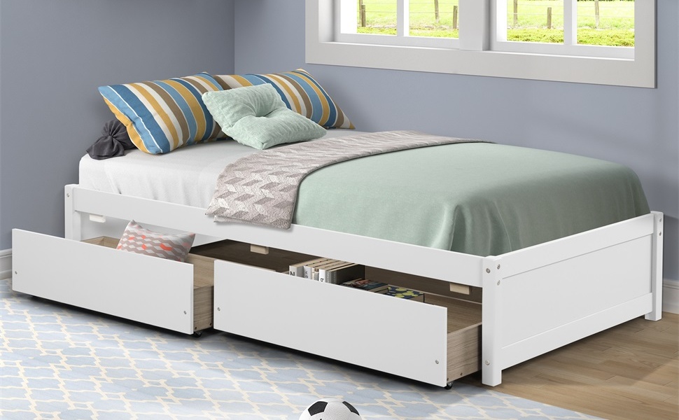 Twin Bed with Storage, HABITRIO Solid Pine Wood Twin Size