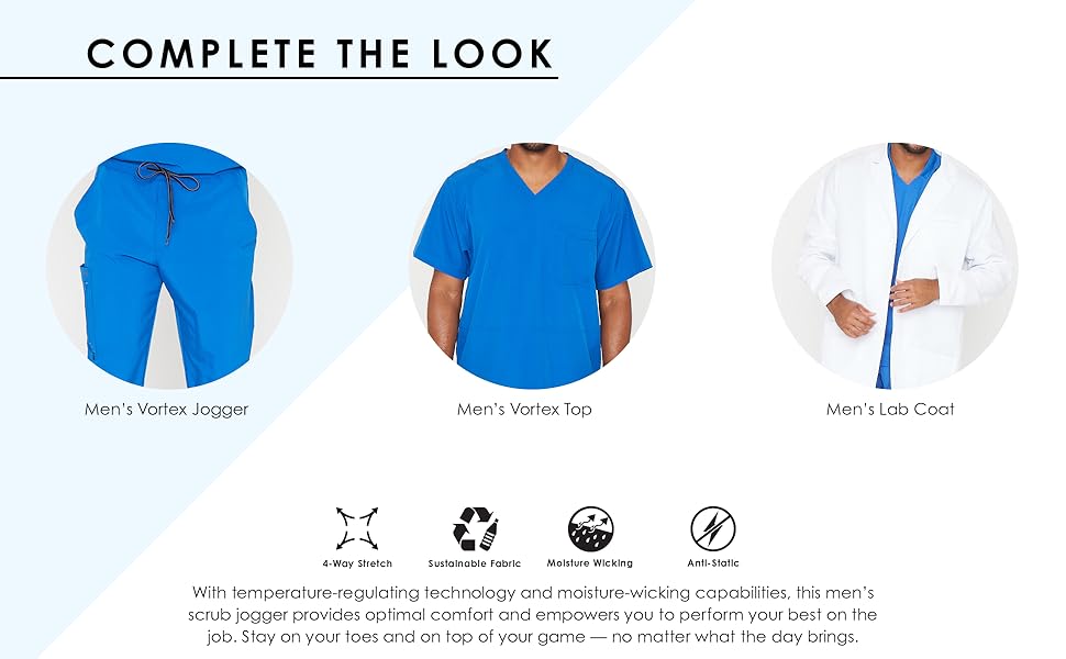 Complete the look suggestion panel with matching men's vortex top and men's lab coat