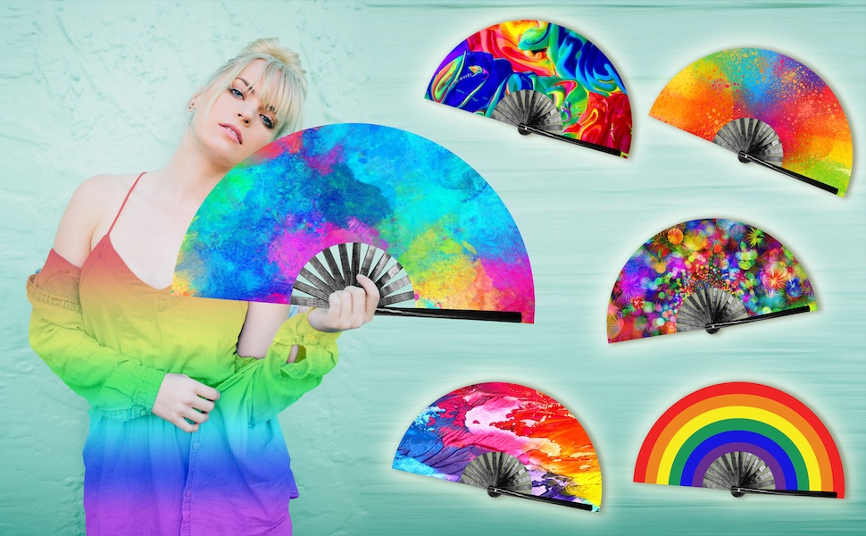 OMyTea Large Rave Clack Folding Hand Fan for Men/Women Chinese Japanese Bamboo Handheld Fan