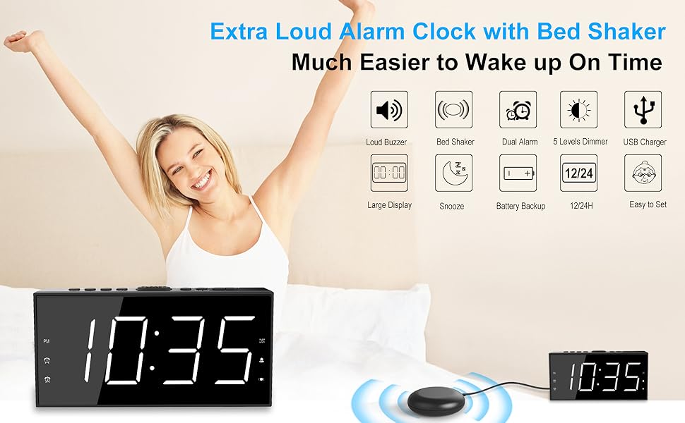 Extra Loud Vibrating Alarm Clock for Heavy Sleepers, Alarm Clock with