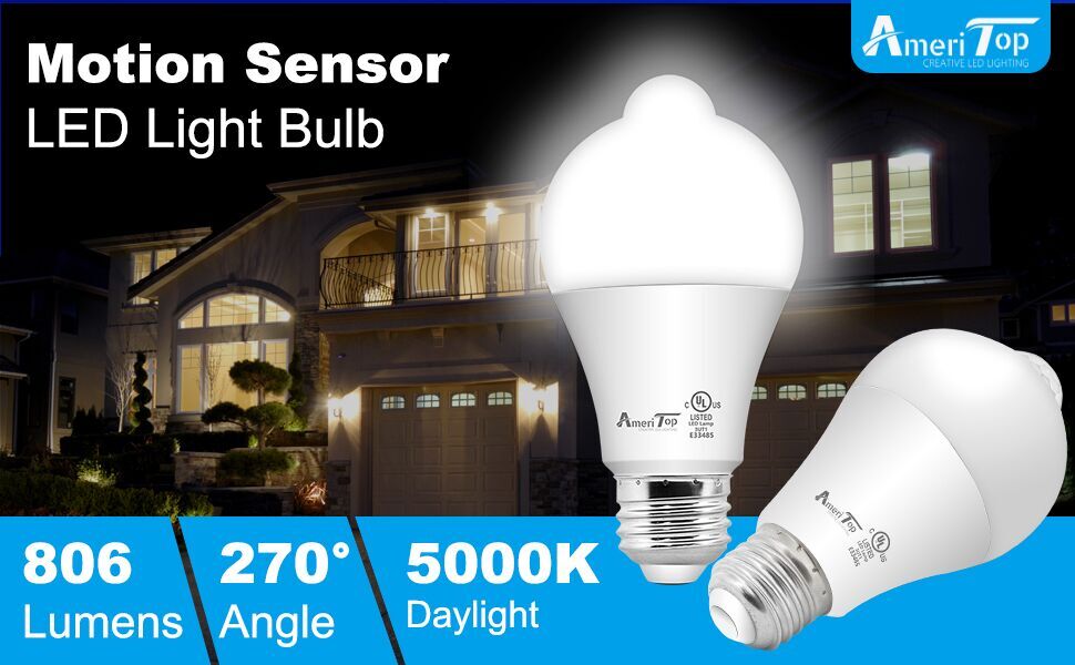 AmeriTop Motion Sensor Light Bulb 2 Pack, 10W(60W Equivalent) 806lm