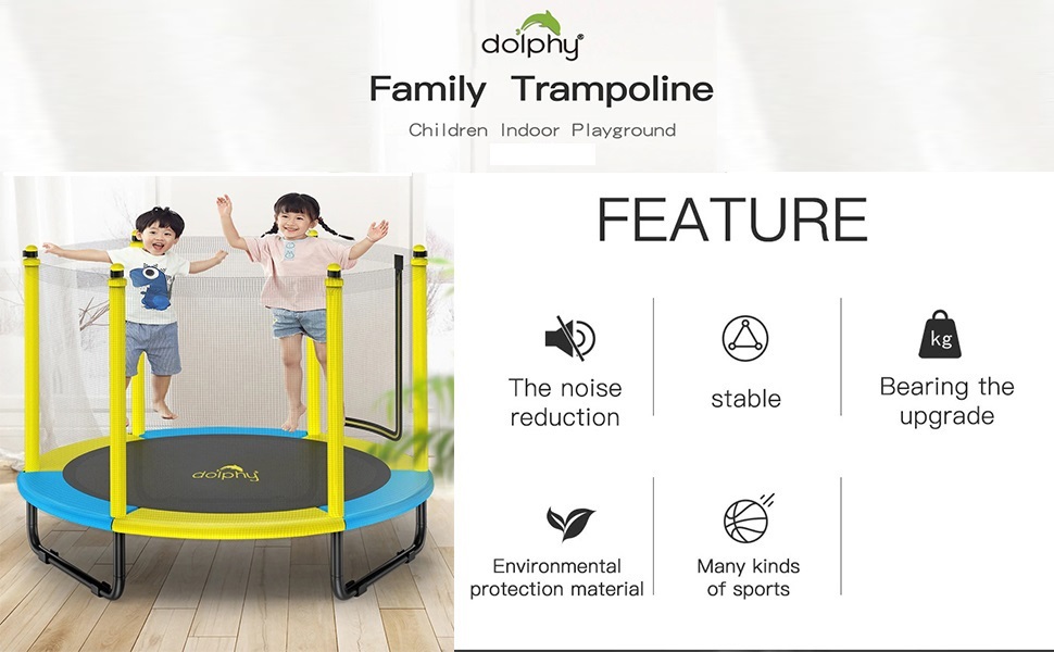DOLPHY Trampoline with Enclosure Net adjustable handrail for kids indoor outdoor adults Exercise
