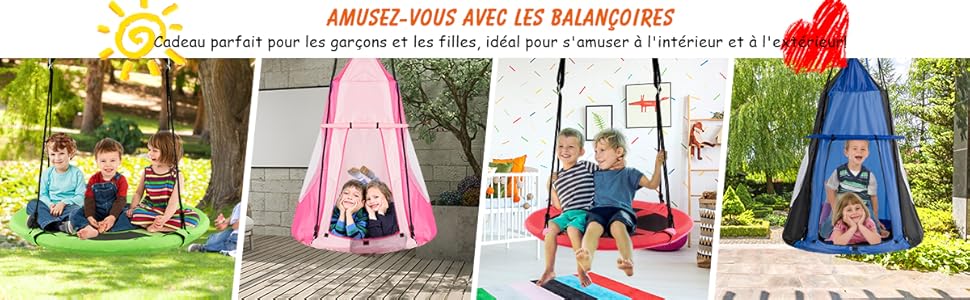 COSTWAY Balançoire Nid D’Oiseau Ø100CM Avec Tente Charge Maximal 150KG Pour Enfants Et Adultes Hauteur Réglable De 100 à 160CM Orange 11 1