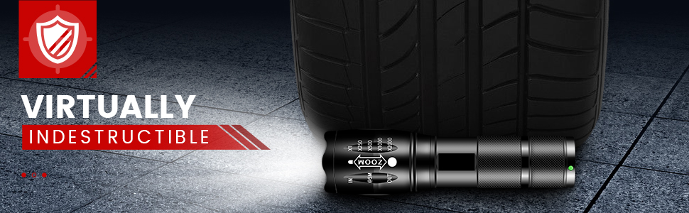 Drop resistant tactical flashlight with batteries included, featuring bright LED and multiple modes.