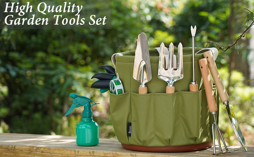 9 Piece Garden Tote and Tools Set, Garden Bucket Tool Kit Organizer with 18 Deep Pockets