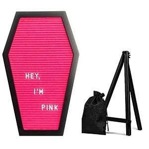 pink coffin letterboard with more than 500 characters, wooden stand and storage pouch