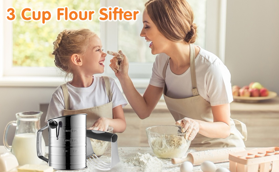 Flour Sifter 3 Cup Stainless Steel Rotary Hand Crank Sifter