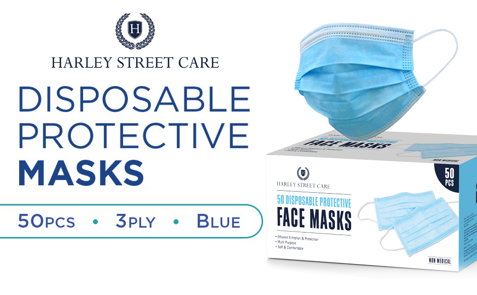 H HARLEY STREET CARE Disposable Blue Face Masks Protective 3 Ply