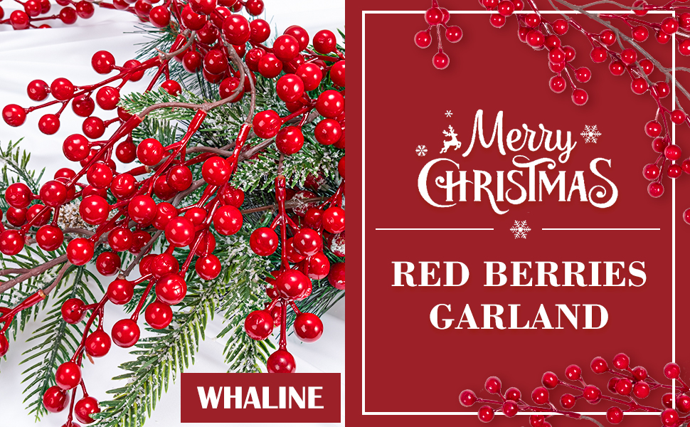 Whaline Artificial Red Berry Garland 5.9Ft Pip Berry Vine Christmas