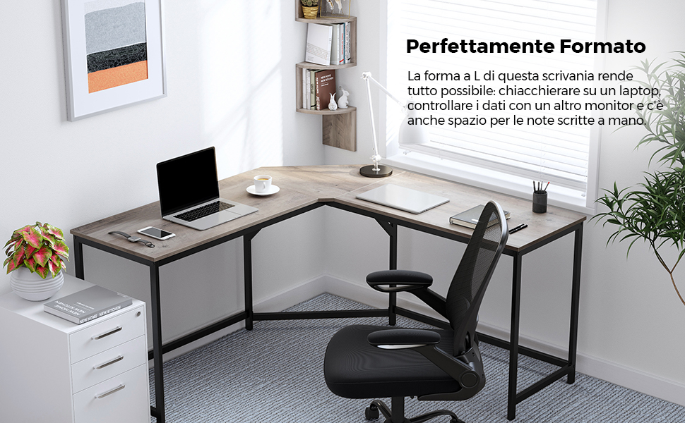VASAGLE Scrivania Per Computer A Forma L, Scrivania Ad Angolo In Studio, Ufficio, Gaming, Salvaspazio, Montaggio Facile, Design Industriale, Greige E Nero Da SONGMICS 12 1