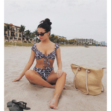 Two Pieces Leopard Print Knot Front Crop Off-Shoulder High Cut Bandeau Bikini Sets Bathing Suit
