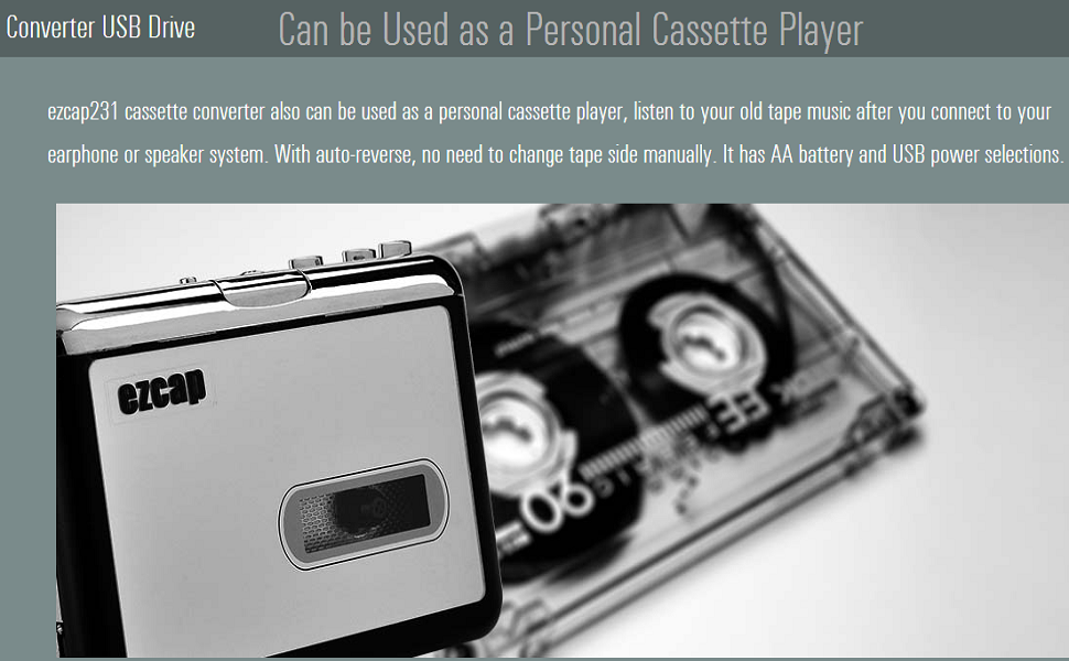 Ezcap231 Standalone Cassette Tape to MP3 Converter, USB