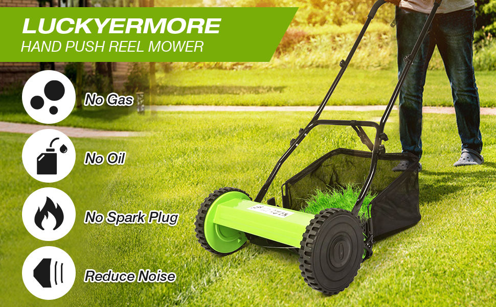 LUCKYERMORE 16Inch Manual Reel Mower with Detachable Grass Catcher, Adjustable