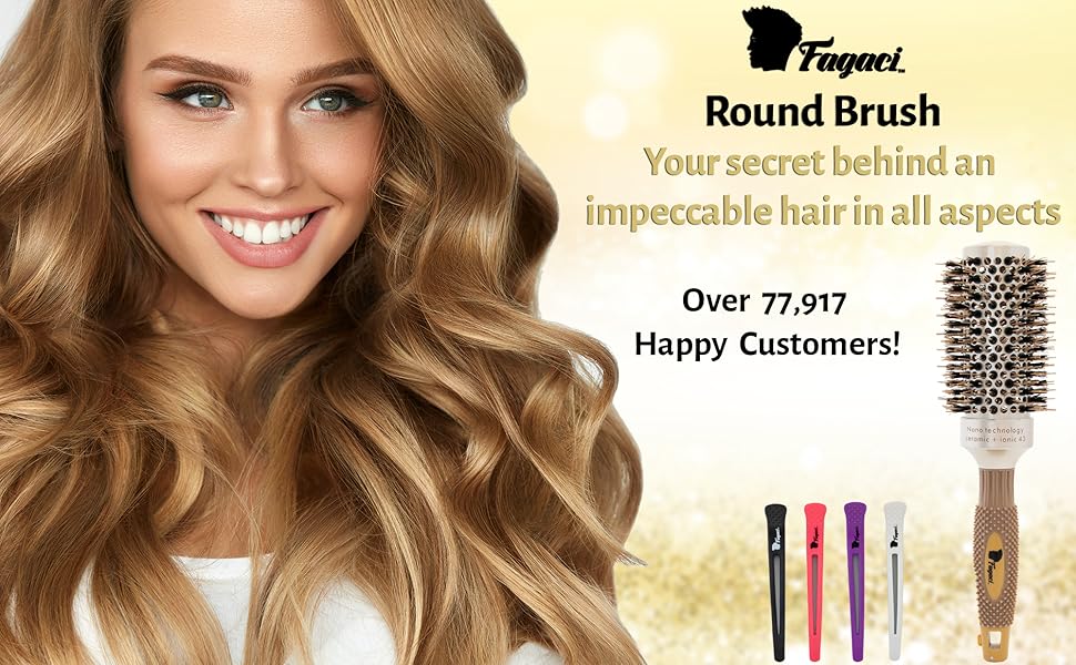 Fagaci Round Brush for Blow Drying with Natural Boar Bristle, Round