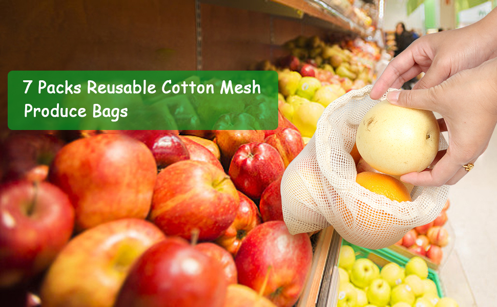 7 Packs EcoFriendly Reusable Cotton Mesh Produce Bags, Washable