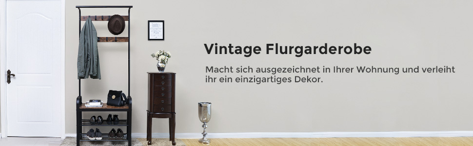 VASAGLE Kleiderständer Garderobenständer Rustikal Mit 9 Abnehmbaren Haken Schuhregal Mit Sitzfläche 3 Ablagen Holz Metall 72 X 183 X 33.7cm Vintage Von SONGMICS HSR40B 13 1