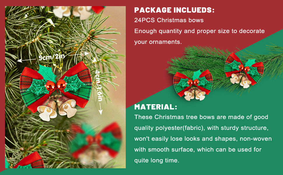 Whaline 24pcs Christmas Bow Xmas Wreaths Mini Bows Christmas Tree Bows Christmas