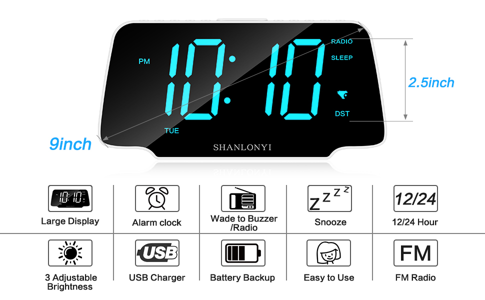 SHANLONYI Loud Alarm Clock Radio with 9 Inch Blue LED