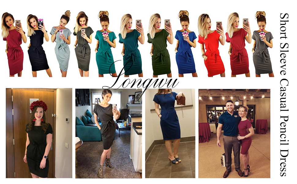 STYLE1:  Longwu Women's Bandage Elegant Short Sleeve Wear to Work Casual Pencil Dress With Pockets