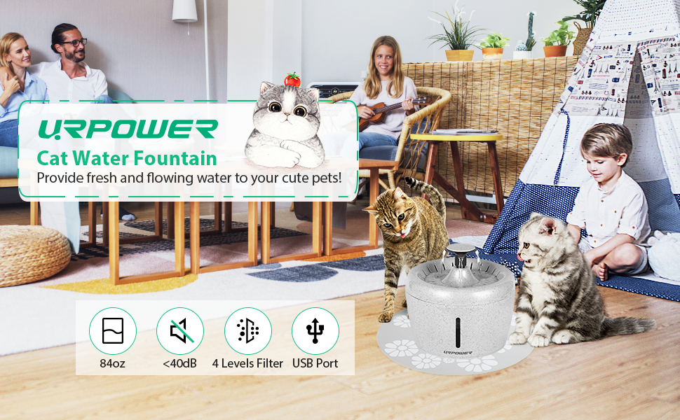 URPOWER Cat Water Fountain 84oz/2.5L Upgraded Automatic Pet Water Dispenser with