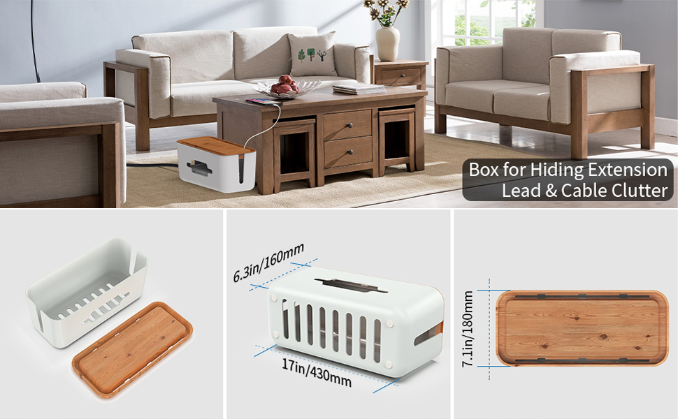 Cable Tidy Box Large 43x18x16cm for Storage Extension Lead, Management