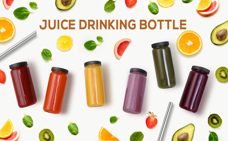 [ 8 Pack ] Glass Juicing Bottles with 2 Straws & 2 Lids w