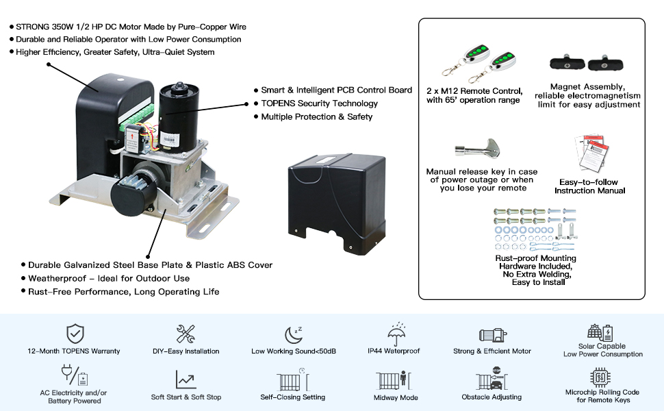 TOPENS DK1000 Automatic Sliding Gate Opener Kit Rack Driven