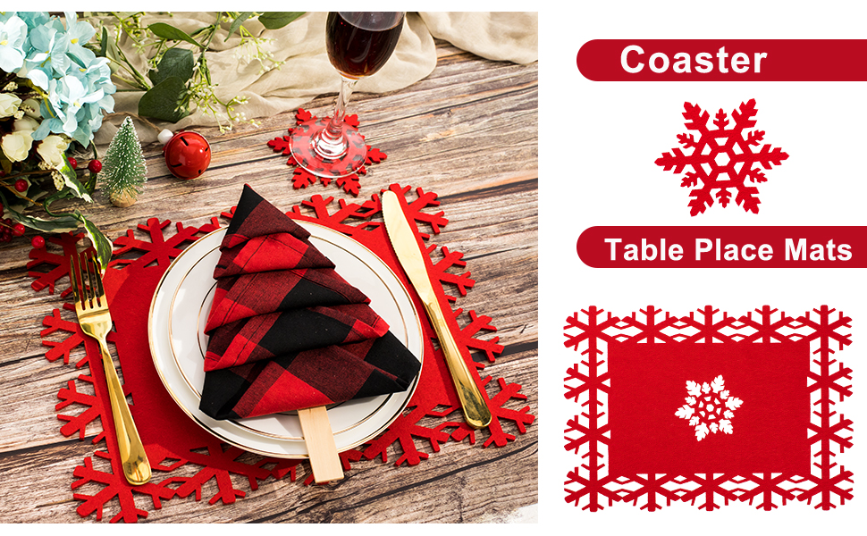Whaline 12 Pack Christmas Table Place Mats and Coaster, Red Snowflake