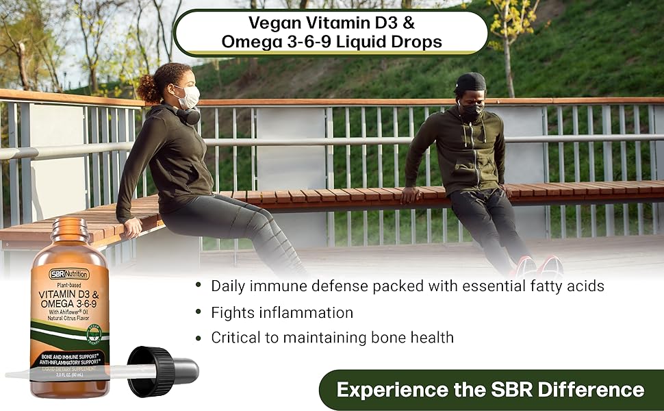 Vegan Vitamin D3 & Omega 3-6-9 Liquid Drops. Daily immune defense. Fights Inflammation