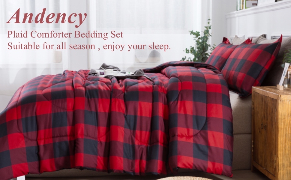 Andency Red Black Burgundy Buffalo Check Comforter Queen