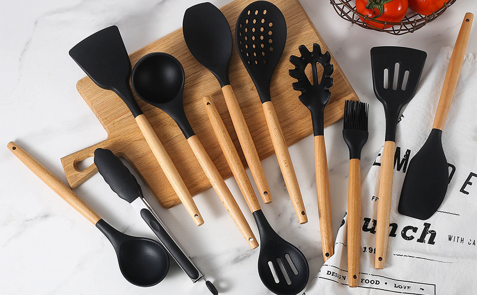 PDJW 12PCS Silicone Cooking Kitchen Utensils Set — Wooden Handles Cooking Tool BPA Free Non