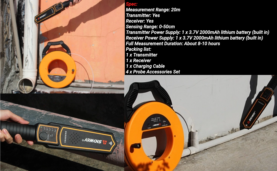 Pipe Locators, Water Pipe Blockage Detector for PVC Plastic Metal 20m ...