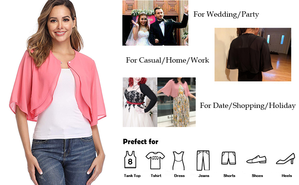 Women's Shrugs Chiffon Short Sleeve Open Front Bolero Cardigan Outerwear Shawl Evening Wedding Cape Shirt Tops P 952