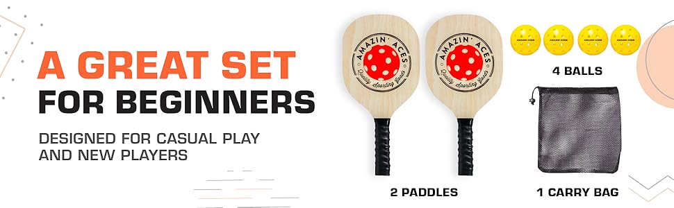 Amazin Aces Wood 2-paddle for beginners, pickleball paddles set wood, pickle balls, sports games