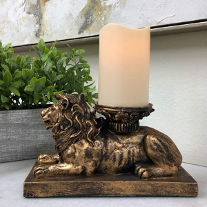 The Nifty Nook Lion Figurine Candle Holder Antique Gold Flameless LED Pillar Candle Timer Home Decor