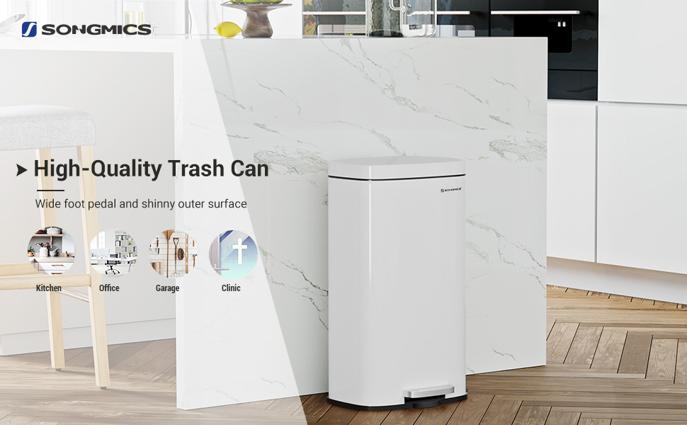 Songmics Kitchen Rubbish Bin, Pedal Trash Can 30L, With Plastic Inner Bucket, Hinged Lid, Soft Closure, Odour Proof And Hygienic, White LTB03WT 10 LTB03WT/