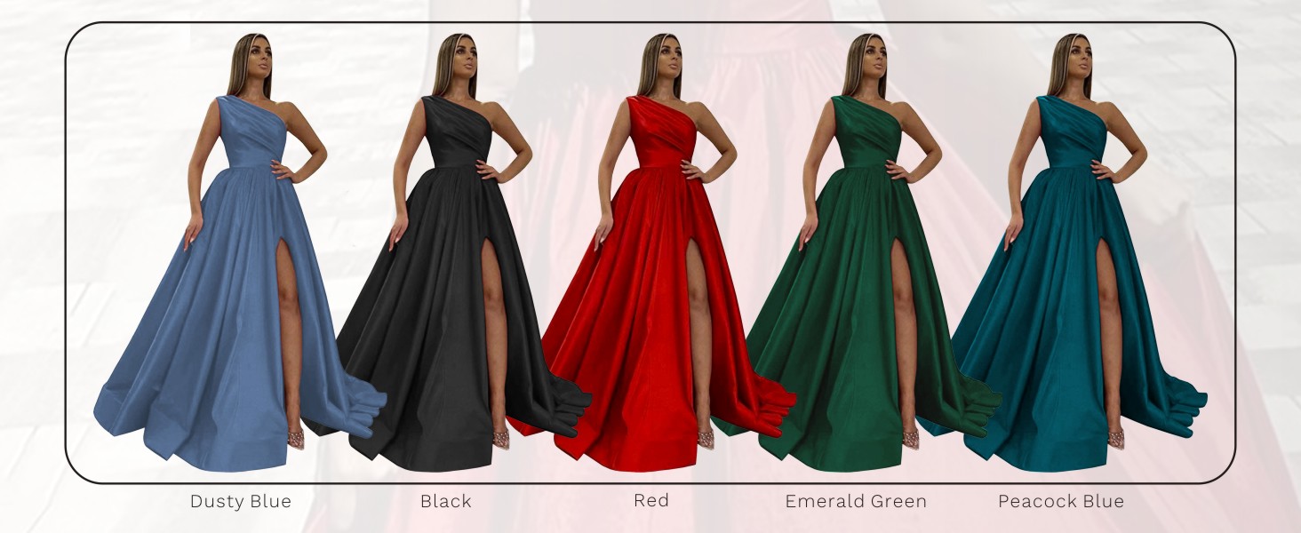 Satin Prom Dresses for Women Ball Gown Split One Shoulder Ruched Formal Evening Party Gowns