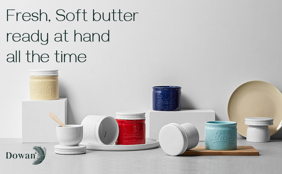 DOWAN Porcelain Butter Keeper Crock, French Butter Dish with Lid, Embossed Butter Container for